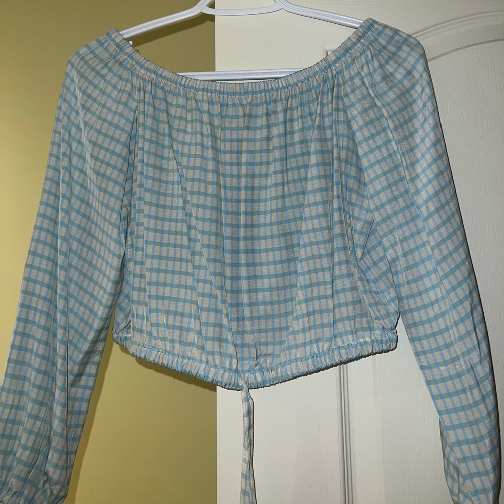 Wilfred Light Blue Checkered Off-Shoulder Blouse